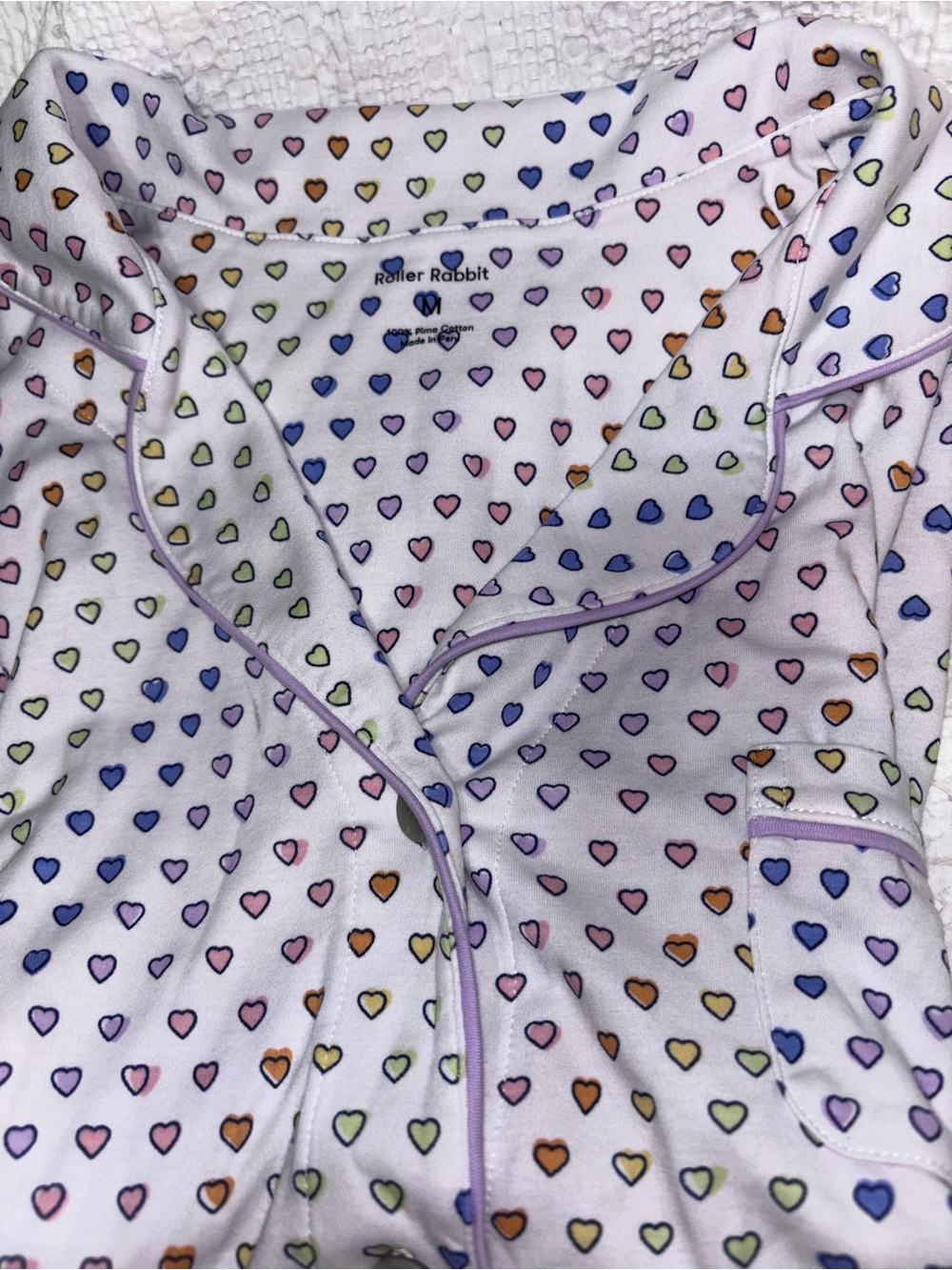 Roller Rabbit Women's White Heart-Print Pajama Top with Lavender Piping size M
